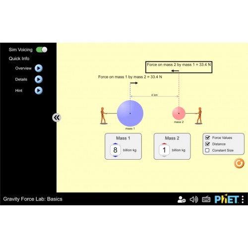 (Mô phỏng) Vật lý: Gravity Force Lab: Basics (Phòng thí nghiệm lực hấp dẫn: Khái niệm cơ bản)